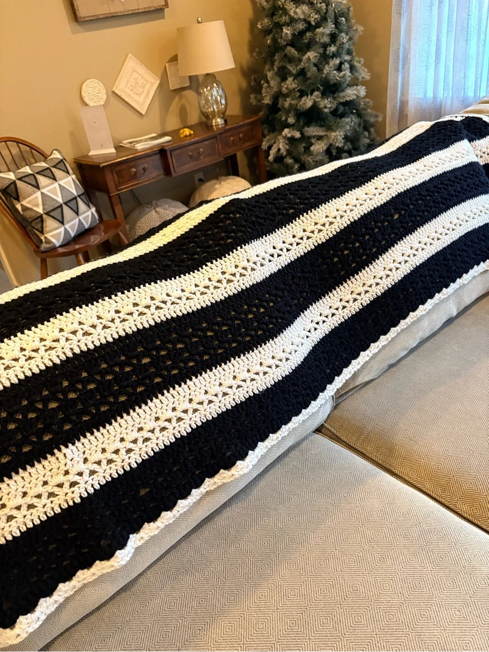 SOLD! Homemade Black & White Striped Crochet Throw Blanket, 84X 33in, blanket on